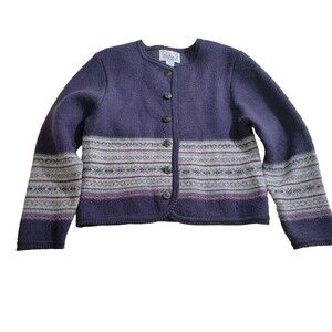 Vintage Tally Ho‎ Boiled Wool Cardigan Sweater Jacket Purple Fair Isle Size PS